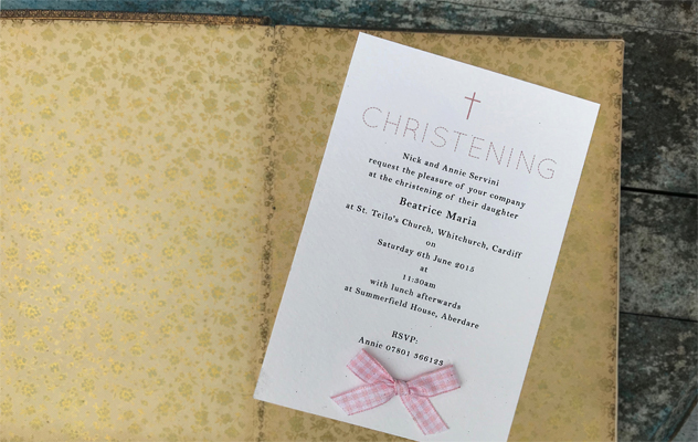 Christening invitations for Beatrice with ribbon bow and cross motif