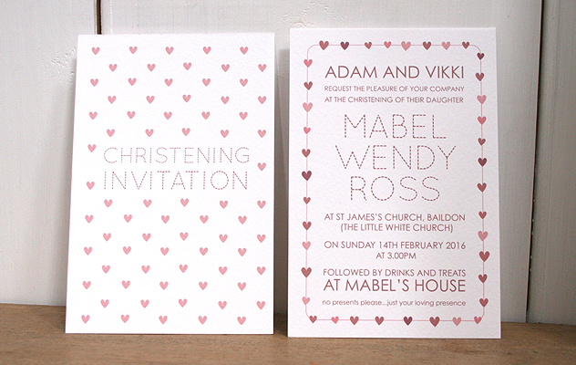 Mabel's Christening invitation design with pink hearts