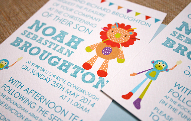 Noah's colourful Christening Invitations featuring two of Noah's favourite toys