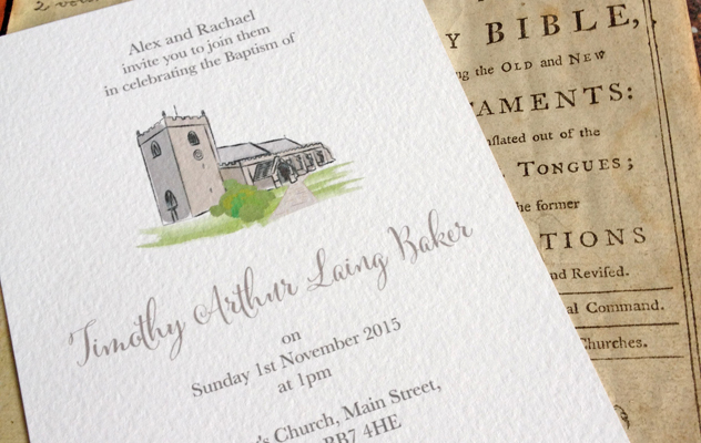 Timothy's Christening invitations with church illustration design