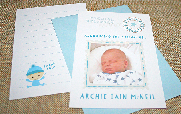 Archi'e baby thank you cards with postage style design for the new delivery!