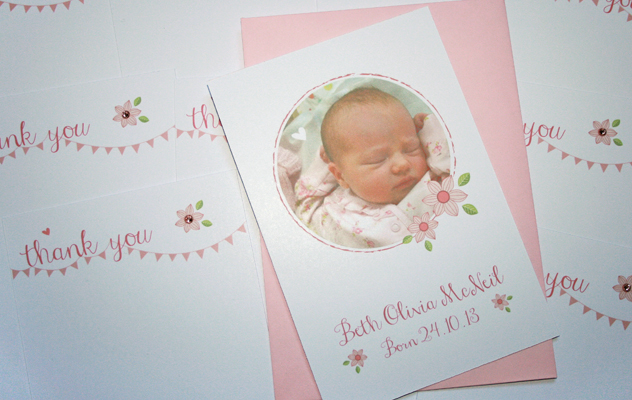 Bath's baby thank you cards with pink floral ditsy print