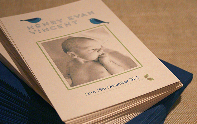 Henry's baby thank you cards with dark blue bird