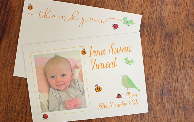 Iona's Thank you baby cards with bees, birds and butterflies
